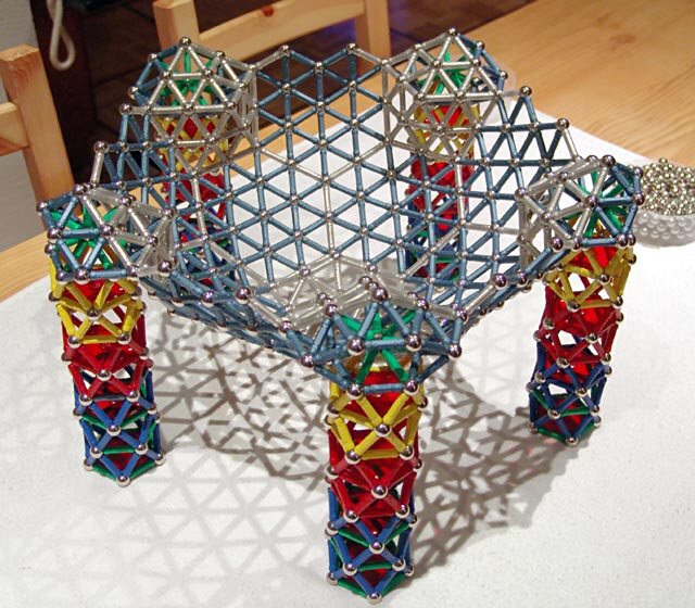 GEOMAG constructions: Pseudogeodesic sphere to scale 2 on five supports: columns and bottom part