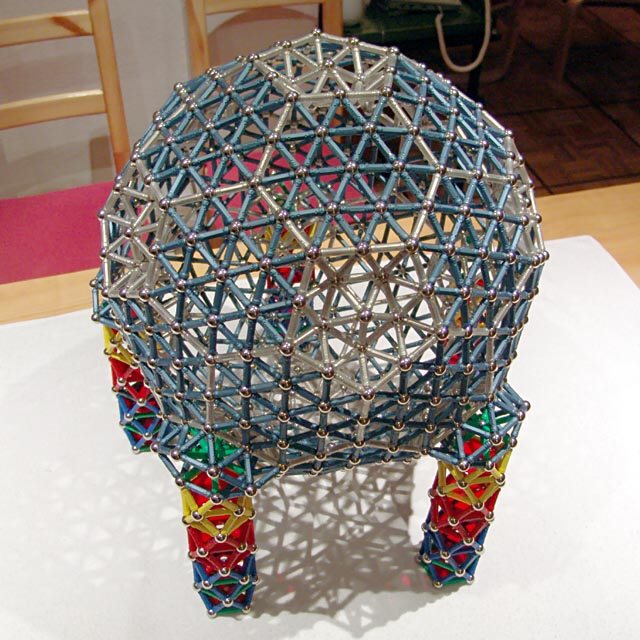 GEOMAG constructions: Pseudogeodesic sphere to scale 2 on five supports: top oblique view