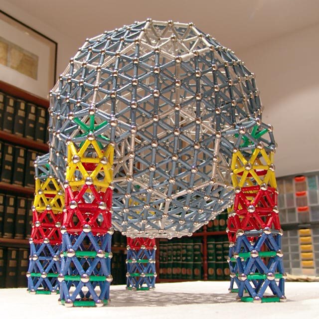 GEOMAG constructions: Pseudogeodesic sphere to scale 2 on five supports: bottom oblique view