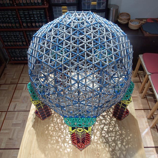 GEOMAG constructions: Pseudogeodesic sphere to scale 3 on five supports: top oblique view