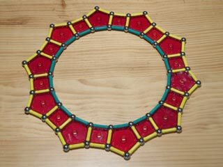 GEOMAG constructions: Regular 20-agon internal to squares and pentagons