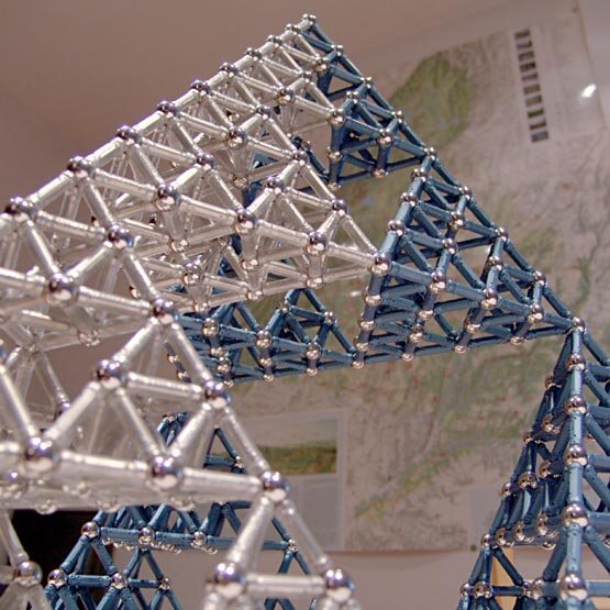 GEOMAG constructions: Tetrahedron to scale 16 (Sierpinski, fourth iteration), bottom oblique view